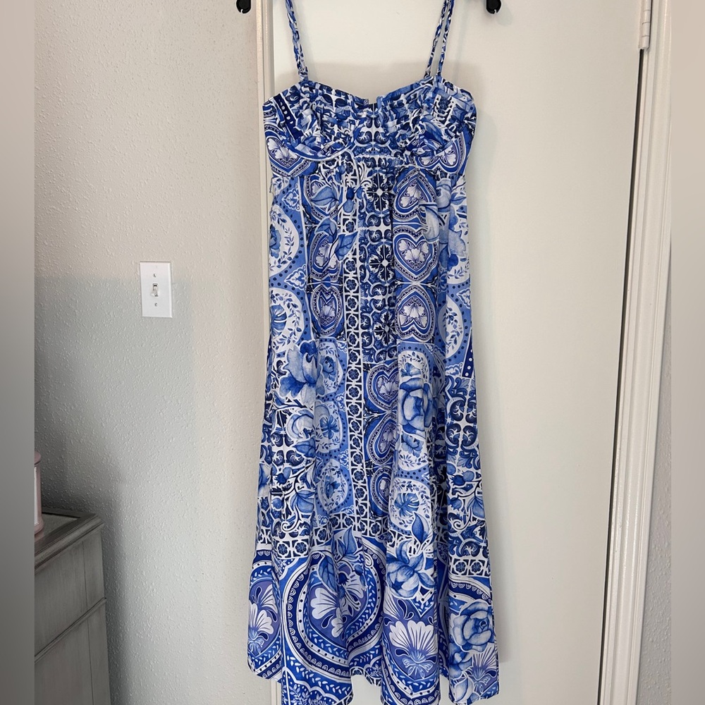Caroline Constas Maxi Dress Blue Tile Print Size Small 100% Cotton Designer NWT - Picture 6 of 13